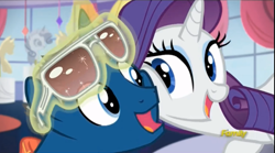 Size: 1507x835 | Tagged: safe, screencap, character:fashion plate, character:rarity, episode:canterlot boutique, g4, my little pony: friendship is magic, magic, open mouth, shades mcgrey, smiling, squishy cheeks, telekinesis