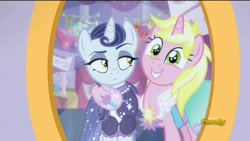 Size: 1280x720 | Tagged: safe, screencap, character:moonlight raven, character:sunshine smiles, species:pony, species:unicorn, episode:canterlot boutique, g4, my little pony: friendship is magic, duo, female, mare, ponies standing next to each other, sisters