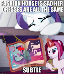 Size: 500x578 | Tagged: safe, screencap, character:cayenne, character:rarity, character:twilight sparkle, character:twilight sparkle (alicorn), species:alicorn, species:pony, episode:canterlot boutique, g4, my little pony: friendship is magic, clothing, coincidence, discovery family logo, dress, equal sign, female, magazine, mare, pepper, princess dress, rules of rarity, text