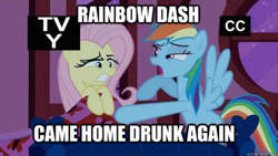 Size: 500x281 | Tagged: safe, screencap, character:fluttershy, character:rainbow dash, bed, blanket, dashaholic, drunk, drunker dash, image macro, meme