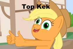 Size: 1414x941 | Tagged: safe, artist:piemations, screencap, character:applejack, caption, fingers, friendship is violence, hand, kek, open mouth, reaction image, smiling, solo, thumbs up, top kek, wat