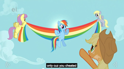 Size: 634x353 | Tagged: safe, screencap, character:derpy hooves, character:parasol, character:rainbow dash, species:pegasus, species:pony, female, mare, youtube caption