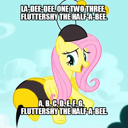Size: 540x540 | Tagged: safe, screencap, character:fluttershy, episode:it ain't easy being breezies, g4, my little pony: friendship is magic, animal costume, animated, bee, bee costume, clothing, costume, eric the half-a-bee, flutterbee, image macro, meme, monty python, solo