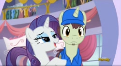 Size: 1653x903 | Tagged: safe, screencap, character:package deal, character:rarity, episode:rarity investigates, g4, my little pony: friendship is magic, blushing, delivery pony, flirting, flirty, goatee, lidded eyes, seductive