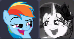 Size: 290x153 | Tagged: safe, screencap, character:rainbow dash, character:rarity, species:pegasus, species:pony, species:unicorn, episode:rarity investigates, g4, my little pony: friendship is magic, 3/4 view, black and white, clothing, color, face, faec, grayscale, hat, juxtaposition, lidded eyes, open mouth, portrait, raised eyebrow, veil