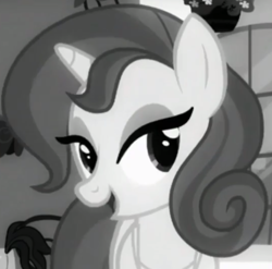 Size: 538x531 | Tagged: safe, screencap, character:cinnamon chai, species:pony, species:unicorn, episode:rarity investigates, g4, my little pony: friendship is magic, cropped, female, grayscale, lidded eyes, mare, monochrome, noir, solo