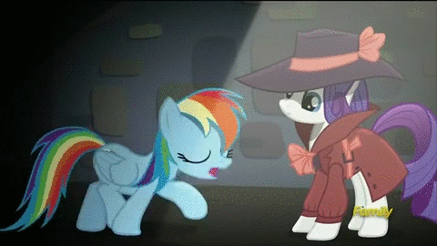 Size: 480x270 | Tagged: safe, screencap, character:rainbow dash, character:rarity, episode:rarity investigates, g4, my little pony: friendship is magic, animated, clothing, discovery family logo, trenchcoat