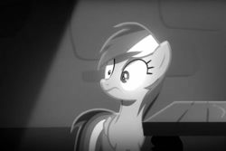 Size: 867x578 | Tagged: safe, screencap, character:rainbow dash, episode:rarity investigates, g4, my little pony: friendship is magic, black and white, faec, grayscale, monochrome, solo