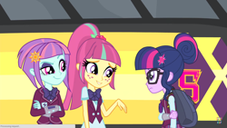 Size: 1366x768 | Tagged: safe, screencap, character:sour sweet, character:sunny flare, character:twilight sparkle, equestria girls:friendship games, g4, my little pony:equestria girls, bus, crystal prep academy, smirk