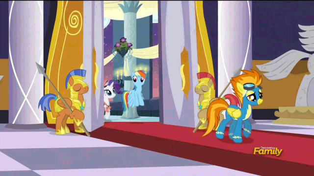 Size: 640x360 | Tagged: safe, screencap, character:rainbow dash, character:rarity, character:spearhead, character:spitfire, episode:rarity investigates, g4, my little pony: friendship is magic, animated, clothing, dress, royal guard, subtitles