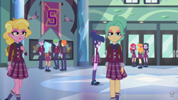Size: 1366x768 | Tagged: safe, screencap, character:frosty orange, character:orange sherbette, character:twilight sparkle, equestria girls:friendship games, g4, my little pony:equestria girls, alizarin bubblegum, alizary, background human, celery stalk, citrus drops, clothing, crystal prep academy students, crystal prep academy uniform, garden grove, school uniform, skirt, taffy shade, zephyr