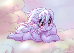 Size: 4000x2850 | Tagged: safe, artist:whitediamonds, character:cloudchaser, species:pegasus, species:pony, cloud, cloudy, cute, cutechaser, female, looking at you, mare, prone, smiling, solo