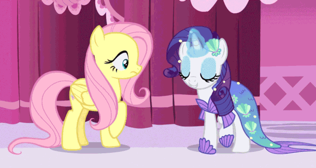 Size: 640x342 | Tagged: safe, screencap, character:fluttershy, character:rarity, episode:scare master, g4, my little pony: friendship is magic, abuse, animated, blushing, carousel boutique, clothing, costume, dressup, fish slap, flutterbuse, frown, magic, mermaid, mermarity, merpony, nightmare night costume, raised hoof, slap, speed up, tail whip, turning, wide eyes