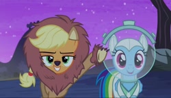 Size: 1262x721 | Tagged: safe, screencap, character:applejack, character:rainbow dash, episode:scare master, g4, my little pony: friendship is magic, applelion, astrodash, astronaut, big cat, clothing, costume, lion, nightmare night, nightmare night costume