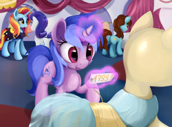 Size: 1754x1300 | Tagged: safe, artist:scootiebloom, character:rarity, character:sassy saddles, character:say cheese, character:sea swirl, episode:canterlot boutique, g4, my little pony: friendship is magic, clothing, cute, dress, expensive, magic, mannequin, plot, price tag, scene interpretation, scrunchy face, seadorable, sticker shock
