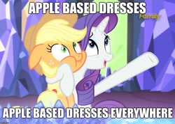 Size: 1035x736 | Tagged: safe, screencap, character:applejack, character:rarity, episode:made in manehattan, g4, my little pony: friendship is magic, :t, apples and apple accessories, fashion, floppy ears, image macro, meme, open mouth, puffy cheeks, smiling, that pony sure does love fashion, wide eyes, x x everywhere