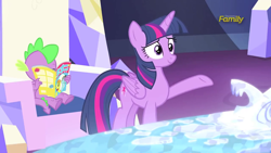 Size: 1280x720 | Tagged: safe, screencap, character:spike, character:twilight sparkle, character:twilight sparkle (alicorn), species:alicorn, species:pony, episode:made in manehattan, g4, my little pony: friendship is magic, comic book, female, mare, reading
