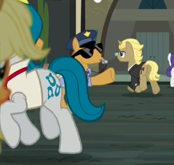 Size: 820x778 | Tagged: safe, screencap, character:golden gavel, character:rarity, character:upper east side, species:earth pony, species:pony, episode:made in manehattan, g4, my little pony: friendship is magic, clothing, glasses, judge, male, necktie, police officer, shirt, stallion, sunglasses, upper east stride, whistle