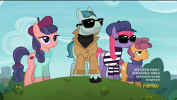 Size: 1920x1080 | Tagged: safe, screencap, character:late show, character:on stage, character:raspberry beret, character:stardom, species:earth pony, species:pony, episode:made in manehattan, g4, my little pony: friendship is magic, beret, clothing, discovery family logo, female, hat, male, mare, method mares, shirt, stallion, sunglasses, sweater, trenchcoat, turtleneck