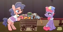Size: 1129x582 | Tagged: safe, screencap, character:raspberry beret, character:stardom, episode:made in manehattan, g4, my little pony: friendship is magic, cardboard cutout, clothing, flower, glasses, hat, jacket, method mares, necklace, pearl, pillbox hat, play, stage