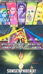 Size: 500x842 | Tagged: safe, screencap, character:applejack, character:captain planet, character:daydream shimmer, character:fluttershy, character:pinkie pie, character:rainbow dash, character:rarity, character:spike, character:spike (dog), character:sunset shimmer, species:dog, equestria girls:friendship games, g4, my little pony:equestria girls, captain planet and the planeteers, daydream shimmer, exploitable meme, humane five, image macro, meme, sunset phoenix
