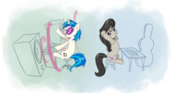 Size: 1751x936 | Tagged: safe, artist:hunternif, character:dj pon-3, character:octavia melody, character:vinyl scratch, cello case, covering ears, scrunchy face, sitting, soundwave, speakers, speedpaint, stool, table