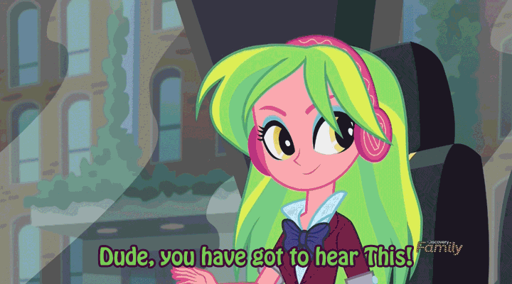 Size: 720x400 | Tagged: safe, screencap, character:lemon zest, character:twilight sparkle, equestria girls:friendship games, g4, my little pony:equestria girls, adorkable, animated, cute, dork, frown, gritted teeth, headphones, in-universe pegasister, mlp theme song, music, pegasister, smiling, talking, theme song, wide eyes, wink, wub, zestabetes