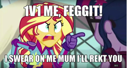 Size: 1280x687 | Tagged: safe, screencap, character:sunset shimmer, character:twilight sparkle, character:twilight sparkle (scitwi), species:eqg human, equestria girls:friendship games, g4, my little pony:equestria girls, angry, exploitable meme, image macro, meme, reaction image, sunset yells at twilight, vulgar