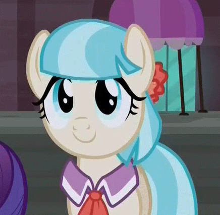 Size: 436x426 | Tagged: safe, screencap, character:coco pommel, character:rarity, species:earth pony, species:pony, species:unicorn, episode:made in manehattan, g4, my little pony: friendship is magic, animated, cocobetes, cute, dawwww, eye shimmer, hnnng, moe, open mouth, smiling, solo, squee, weapons-grade cute