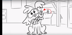 Size: 1286x632 | Tagged: safe, screencap, character:spike, character:spike (dog), species:dog, equestria girls:friendship games, g4, my little pony:equestria girls, animatic, deleted scene, monochrome, plushie, pony plush, storyboard