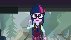 Size: 1272x712 | Tagged: safe, screencap, character:twilight sparkle, character:twilight sparkle (scitwi), species:eqg human, equestria girls:friendship games, g4, my little pony:equestria girls, adorkable, bus, clothing, crystal prep academy, crystal prep academy uniform, cute, dork, mixed messages, nervous, prep talk, school uniform, skirt, solo