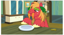 Size: 1121x626 | Tagged: safe, screencap, character:big mcintosh, species:earth pony, species:pony, episode:brotherhooves social, g4, my little pony: friendship is magic, carrot, farm, lettuce, male, silly, solo, stallion, walrus