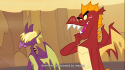 Size: 1366x768 | Tagged: safe, screencap, character:garble, species:dragon, episode:dragon quest, g4, my little pony: friendship is magic, duo, fume, male, mexico, spear (dragon), teenaged dragon, youtube caption, youtube link