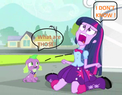 Size: 980x766 | Tagged: safe, artist:theanimefanz, screencap, character:spike, character:twilight sparkle, species:dog, my little pony:equestria girls, exploitable meme, image macro, meme, slowpoke, spike the dog, text, twiscream, what are thoooose