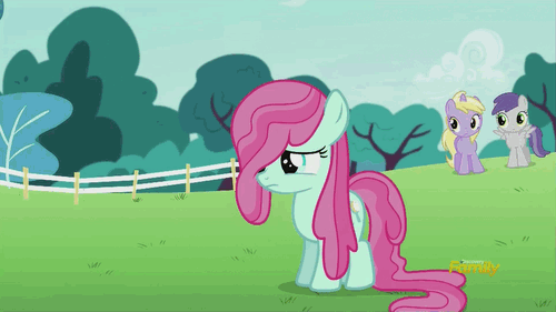 Size: 500x281 | Tagged: safe, screencap, character:bubblegum brush, character:carrot crunch, character:diamond tiara, character:dinky hooves, character:tornado bolt, species:earth pony, species:pony, episode:crusaders of the lost mark, g4, my little pony: friendship is magic, animated, colt, discovery family, discovery family logo, female, filly, foal, hair extensions, long mane, male, teeth