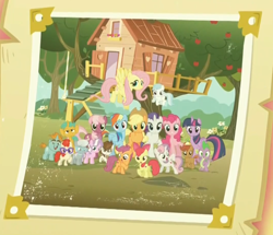 Size: 1068x917 | Tagged: safe, screencap, character:apple bloom, character:applejack, character:button mash, character:cheerilee, character:cotton cloudy, character:diamond tiara, character:fluttershy, character:liquid button, character:pinkie pie, character:pipsqueak, character:rainbow dash, character:rarity, character:scootaloo, character:silver spoon, character:snails, character:snips, character:spike, character:sweetie belle, character:twilight sparkle, character:twilight sparkle (alicorn), character:twist, species:alicorn, species:earth pony, species:pegasus, species:pony, episode:crusaders of the lost mark, g4, my little pony: friendship is magic, clubhouse, colt, crusaders clubhouse, cutie mark crusaders, female, filly, friendship report, group photo, male, mane seven, mane six, mare, the cmc's cutie marks