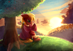 Size: 1706x1200 | Tagged: safe, artist:scootiebloom, character:apple bloom, character:big mcintosh, species:earth pony, species:pony, episode:brotherhooves social, g4, my little pony: friendship is magic, apple tree, backlighting, brother and sister, equestria's best big brother, featured on derpibooru, female, filly, male, scene interpretation, siblings, sitting, stallion, sunset, tree