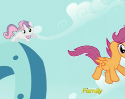 Size: 641x510 | Tagged: safe, screencap, character:scootaloo, character:sweetie belle, species:pegasus, species:pony, species:unicorn, episode:crusaders of the lost mark, g4, my little pony: friendship is magic, animation error, are you frustrated?, cloud, discovery family logo, female, filly, foal, necc, scoota girrash, sky, sky background
