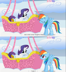Size: 1366x1498 | Tagged: safe, screencap, character:rainbow dash, character:rarity, species:pegasus, species:pony, species:unicorn, episode:sonic rainboom, g4, my little pony: friendship is magic, bad end, duo, ei, female, get, hot air balloon, hub logo, index get, mare, repdigit milestone, wing wishes, youtube caption, youtube link