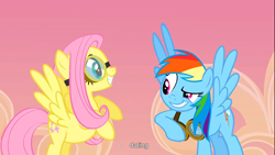 Size: 1366x768 | Tagged: safe, screencap, character:fluttershy, character:rainbow dash, species:pegasus, species:pony, episode:hurricane fluttershy, g4, my little pony: friendship is magic, dating, duo, exploitable meme, female, goggles, implied flutterdash, mare, meme, otp, youtube caption, youtube link
