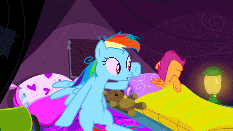 Size: 800x450 | Tagged: safe, screencap, character:rainbow dash, character:scootaloo, species:pegasus, species:pony, episode:sleepless in ponyville, g4, my little pony: friendship is magic, abuse, animated, child abuse, context is for the weak, foal abuse, loop, out of context, punch, rainbow douche, rainbow punch, scootabuse, sleeping bag, teddy bear, tent