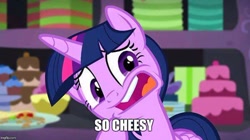 Size: 600x337 | Tagged: safe, screencap, character:twilight sparkle, character:twilight sparkle (alicorn), species:alicorn, species:pony, episode:party pooped, g4, my little pony: friendship is magic, adorkable, cute, dork, female, image macro, mare, meme, they're just so cheesy