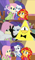 Size: 690x1170 | Tagged: safe, screencap, character:fluttershy, character:rarity, character:spike, character:sunset shimmer, species:dog, equestria girls:rainbow rocks, g4, my little pony:equestria girls, bill cipher, clothing, dog biscuit, gravity falls, meme, pajamas, peace sign, photobomb, selfie, spike the dog