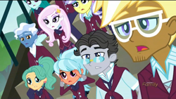 Size: 1366x768 | Tagged: safe, screencap, character:cold forecast, character:fleur-de-lis, character:frosty orange, character:jet set, character:pokey pierce, character:trenderhoof, character:upper crust, equestria girls:friendship games, g4, my little pony:equestria girls, background human, clothing, crystal prep academy, crystal prep academy students, crystal prep shadowbolts, discovery family logo, garden grove, school uniform