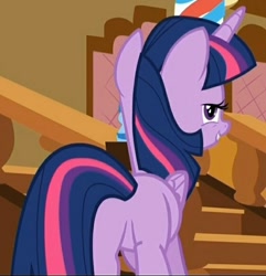Size: 562x583 | Tagged: safe, screencap, character:twilight sparkle, character:twilight sparkle (alicorn), species:alicorn, species:pony, episode:the one where pinkie pie knows, g4, my little pony: friendship is magic, cropped, female, i watch it for the plot, lidded eyes, looking at you, mare, out of context, plot, smiling, solo, staircase, stairs, twibutt