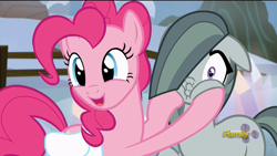 Size: 1920x1080 | Tagged: safe, screencap, character:marble pie, character:pinkie pie, episode:hearthbreakers, g4, my little pony: friendship is magic, cute, floppy ears, kissy face, looking back, open mouth, pie twins, puffy cheeks, sisters, smiling, squishy cheeks, twins, wide eyes