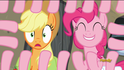 Size: 1920x1080 | Tagged: safe, screencap, character:applejack, character:pinkie pie, episode:hearthbreakers, g4, my little pony: friendship is magic, extra legs, eyes closed, fourth wall, frown, grin, hooves, limbs, multiple limbs, open mouth, pinkie being pinkie, pinkie physics, sleipnir, smiling, wide eyes