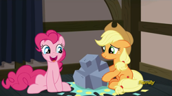Size: 1279x717 | Tagged: safe, screencap, character:applejack, character:pinkie pie, species:earth pony, species:pony, episode:hearthbreakers, g4, my little pony: friendship is magic, applejack's hat, clothing, cowboy hat, cute, diapinkes, faec, female, floppy ears, hat, mare, open mouth, pie family home, rock, sitting