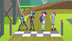 Size: 1280x720 | Tagged: safe, screencap, character:lemon zest, character:pinkie pie, character:rarity, character:sunny flare, equestria girls:friendship games, g4, my little pony:equestria girls, roller derby, roller skates, rollerblades, speed skating, sporty style