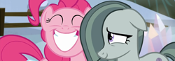Size: 1920x672 | Tagged: safe, screencap, character:marble pie, character:pinkie pie, episode:hearthbreakers, g4, my little pony: friendship is magic, cute, pie twins, sisters, smiling, twins
